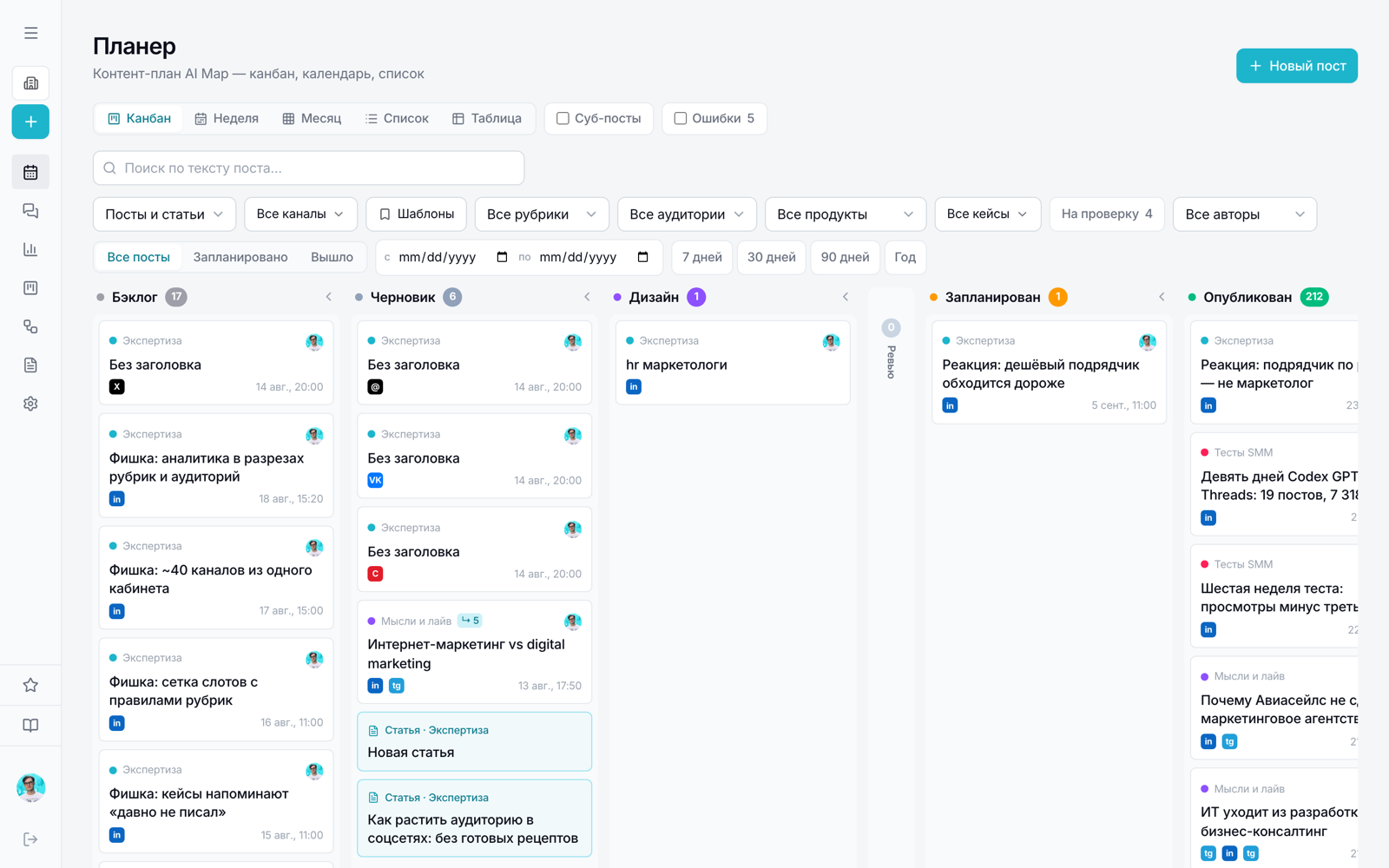 Планер SMM AI Map: канбан контент-плана